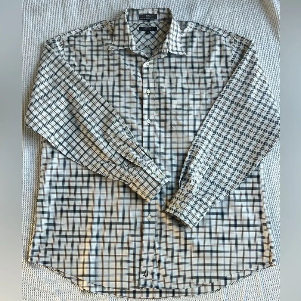 Nordstrom Cream Plaid Wrinkle Free Button Down 100%Cotton  Long Sleeve Shirt XXL